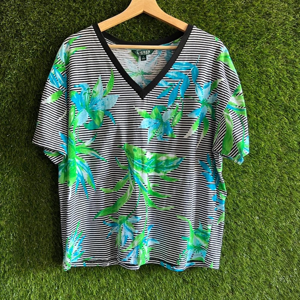 Lauren RL Floral Stripes V-Neck T-Shirt